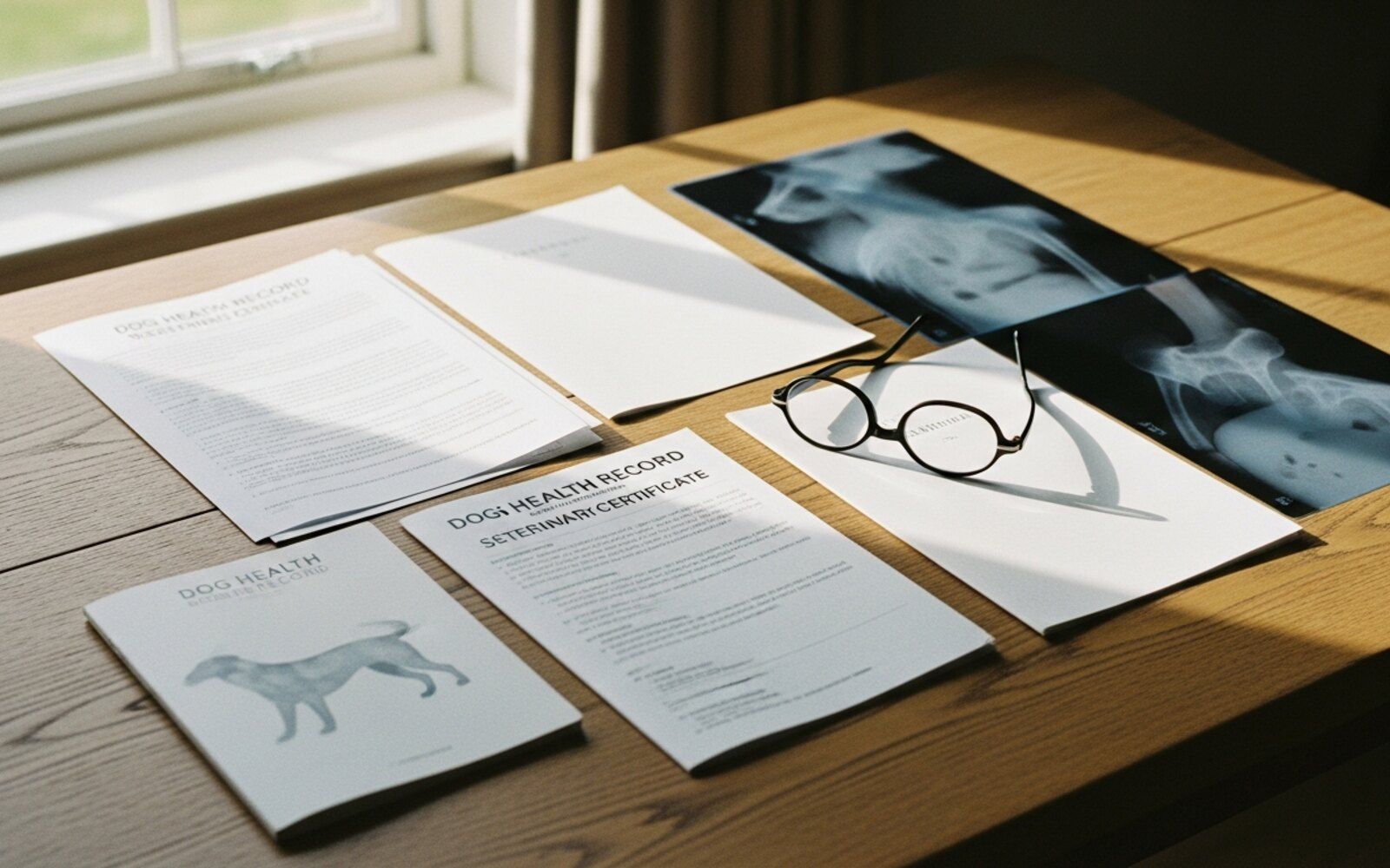 Carnets de santé, certificats de dépistage et radiographies étalés sur la table de ferme