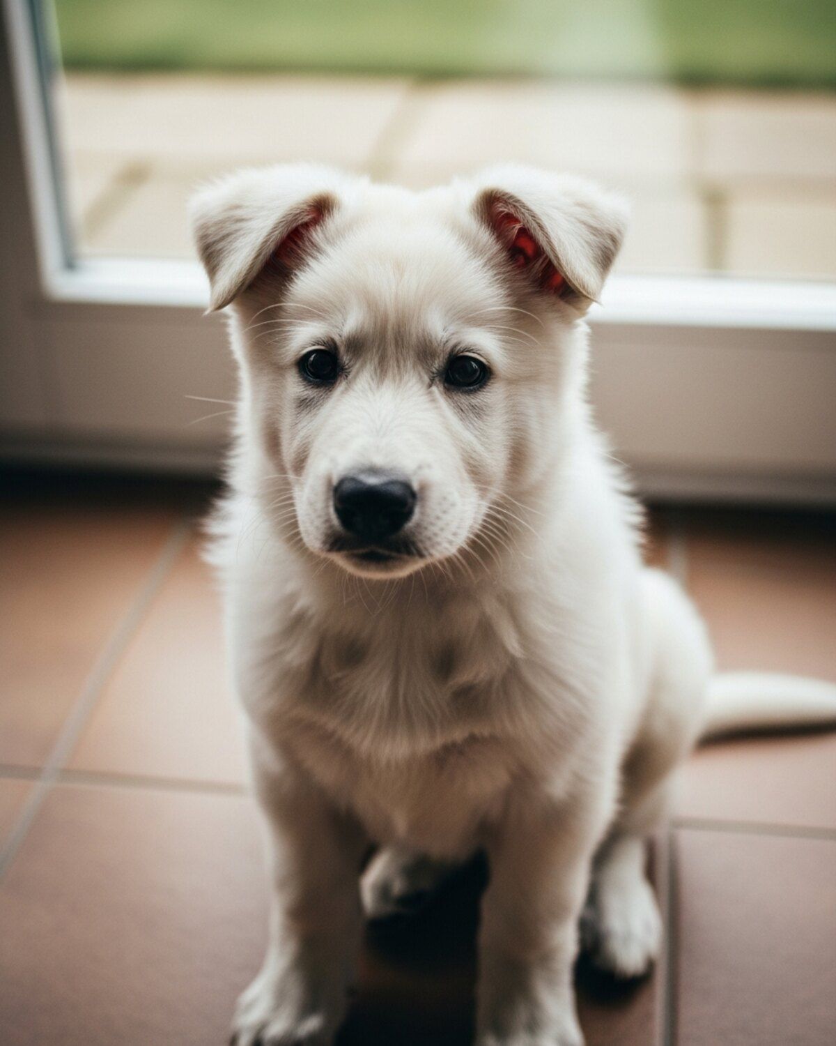Chiot berger blanc suisse de sept semaines assis dans la véranda, lumière douce