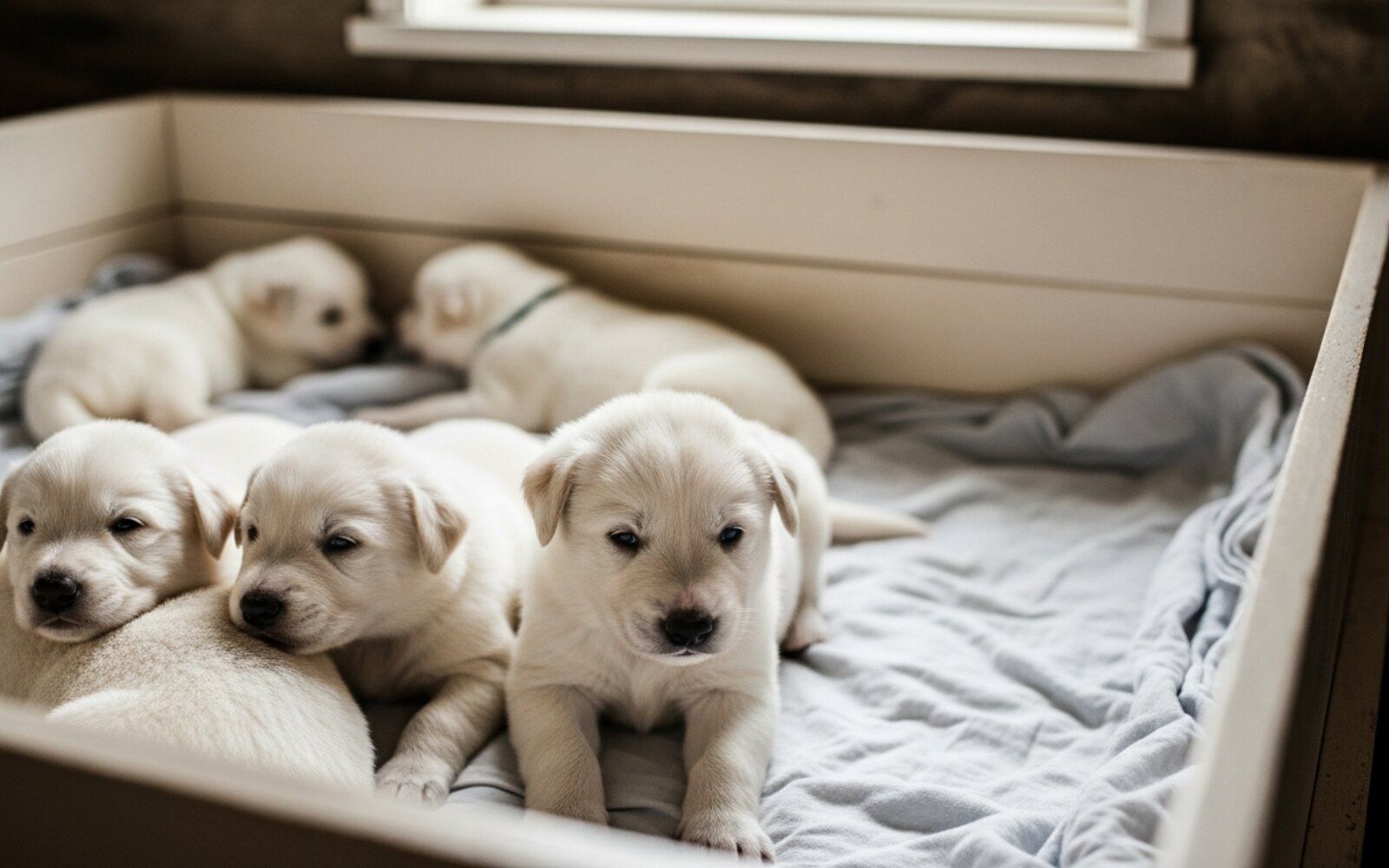 Chiots berger blanc suisse de trois semaines dans la caisse de mise bas en bois de la lingerie