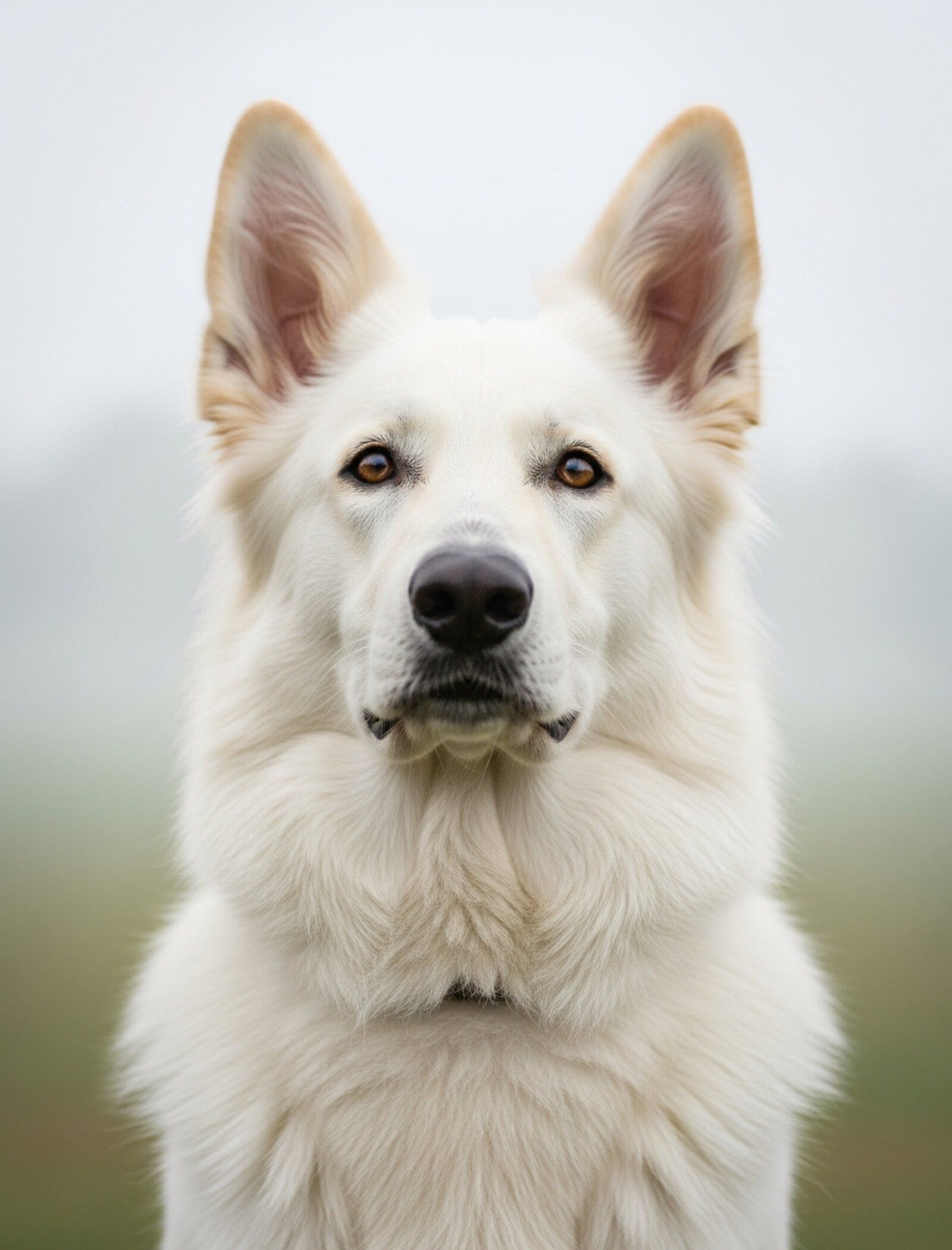 Portrait de face de Saga, berger blanc suisse de cinq ans, regard ambre, sur fond de brume