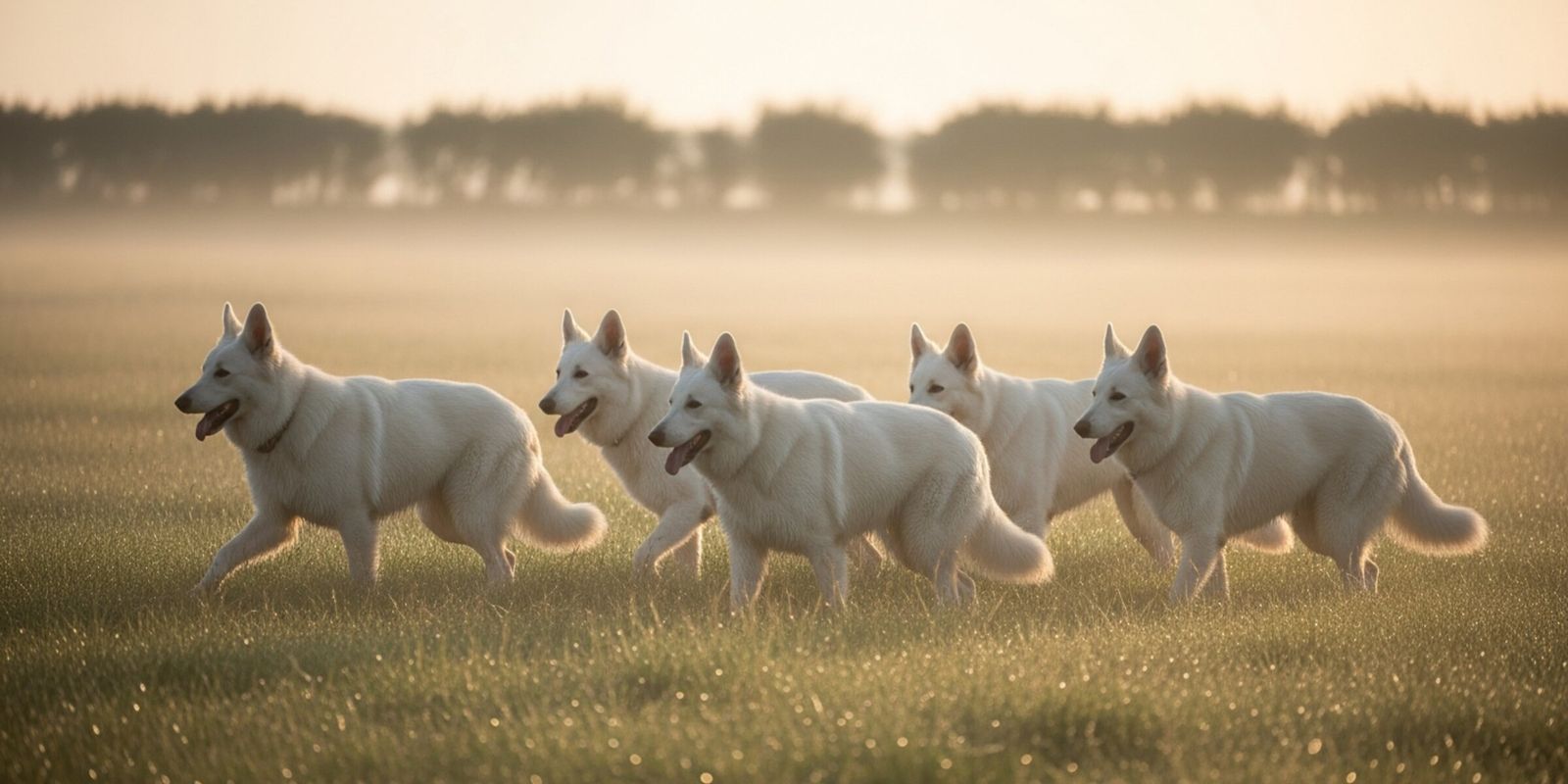 Les quatre bergers blancs suisses de l'élevage marchant dans la prairie au lever du jour, brume au sol