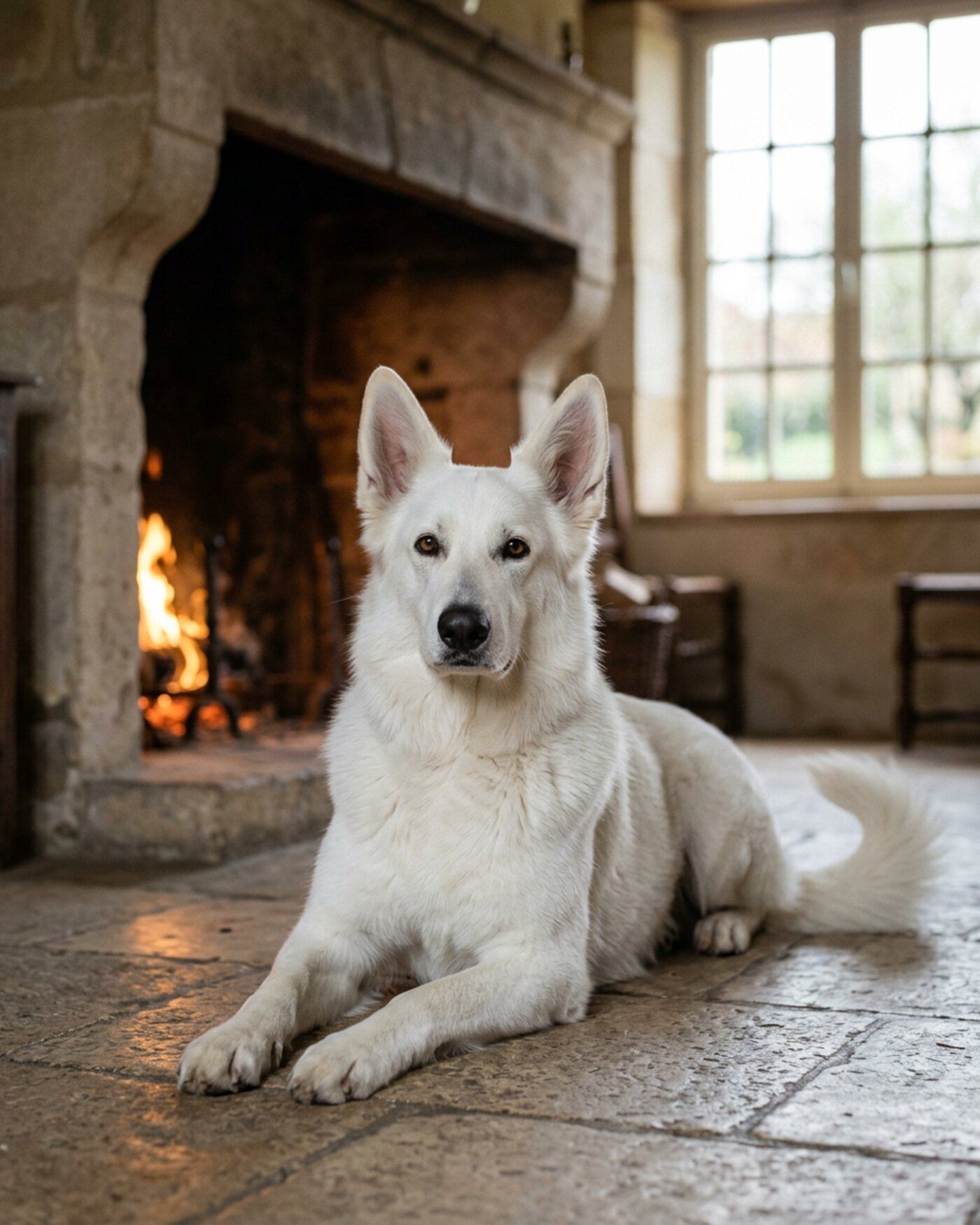 Ondine, berger blanc suisse femelle de huit ans, portrait pleine page couchée devant la cheminée