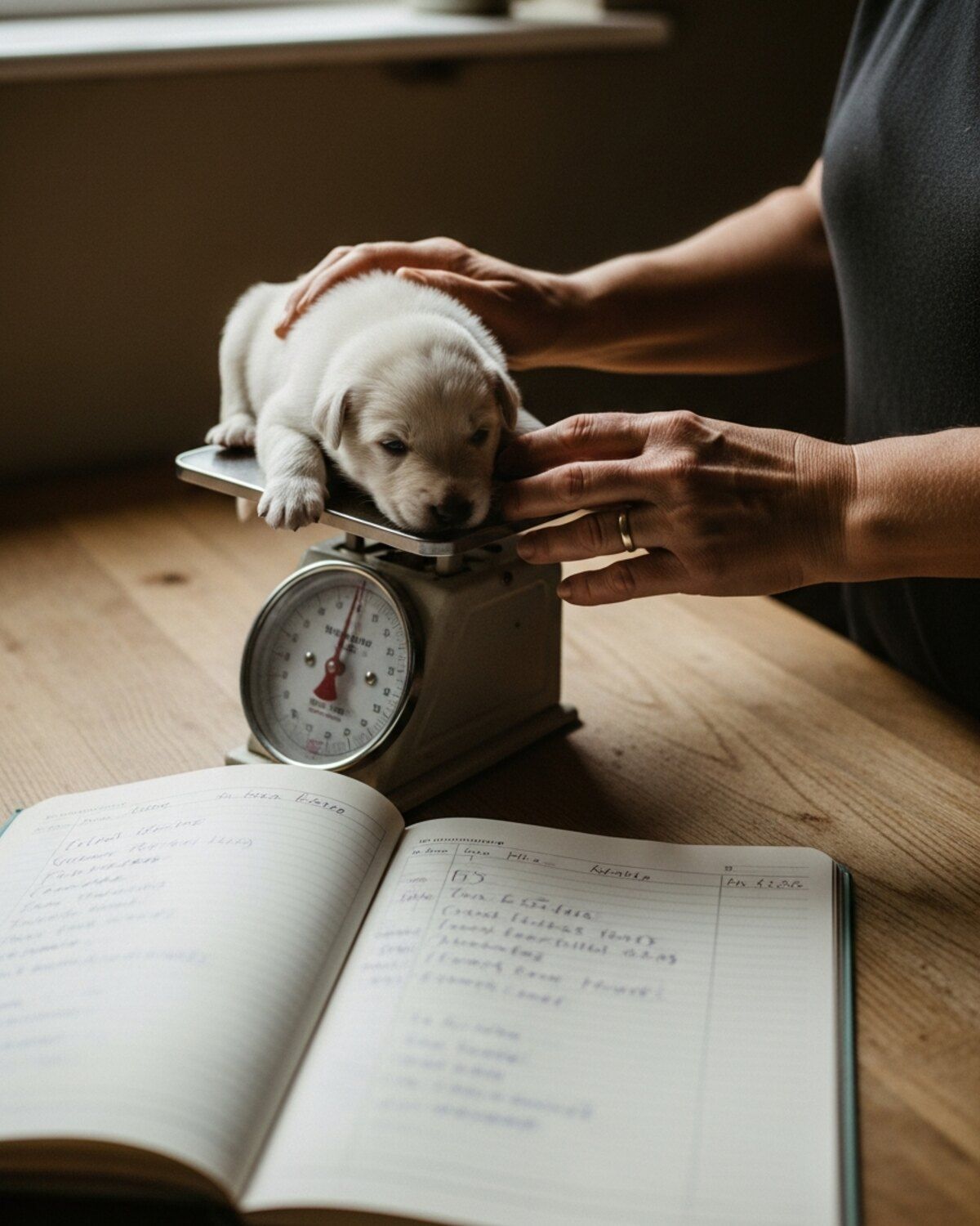 Pesée d'un chiot berger blanc suisse sur la balance de cuisine, carnet de pesées ouvert à côté