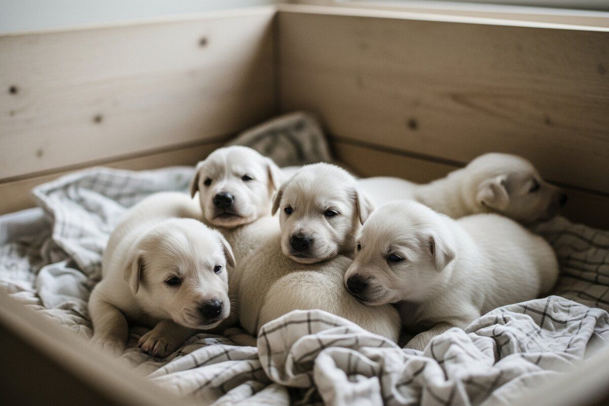Chiots berger blanc suisse de la portée 2024 dans la caisse de mise bas en bois