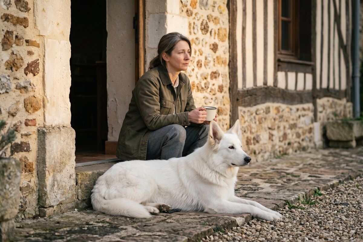 Claire Vasseur assise sur le seuil de la longère, un berger blanc suisse couché à ses pieds