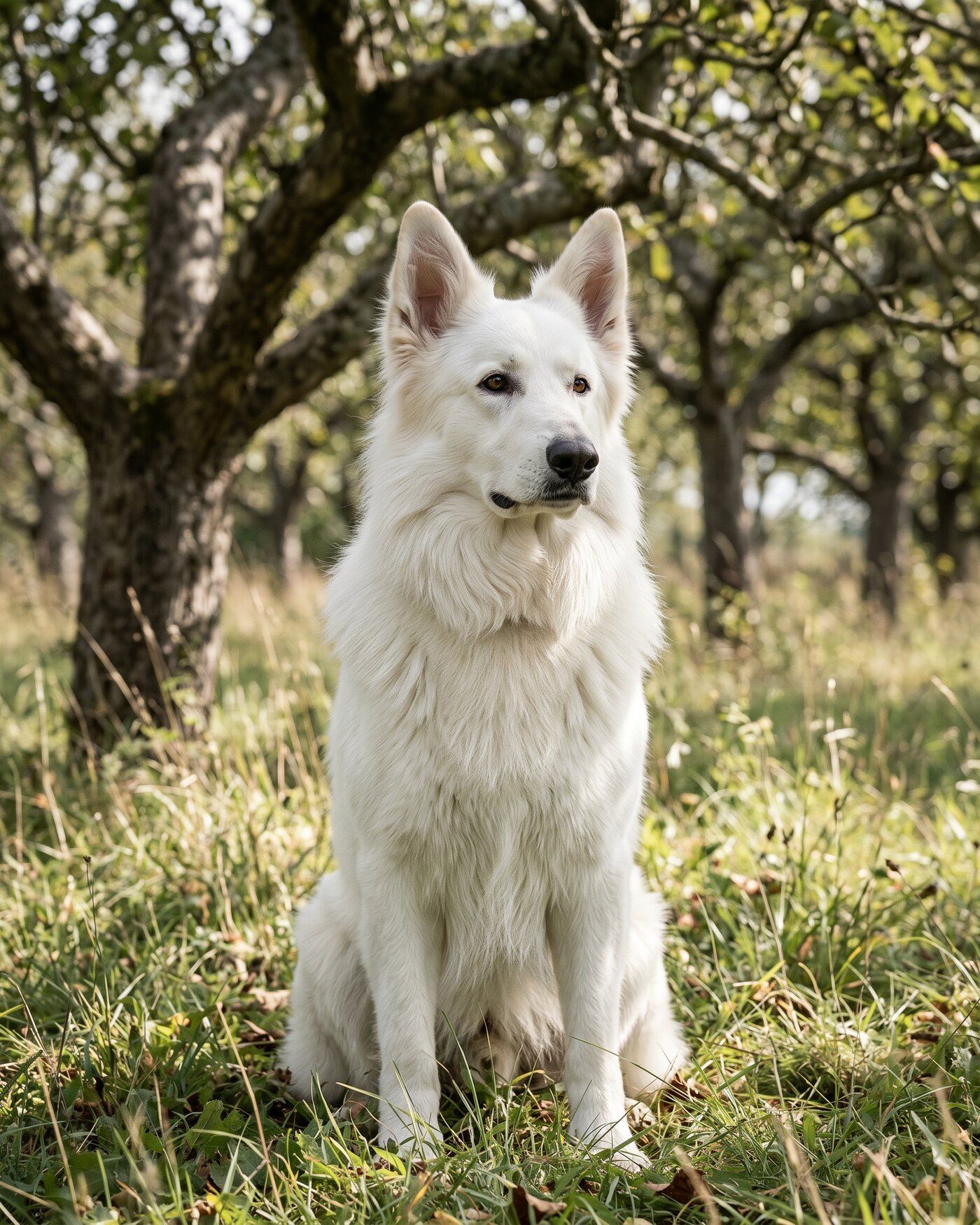 Tweed, berger blanc suisse mâle, portrait pleine page assis sous le verger