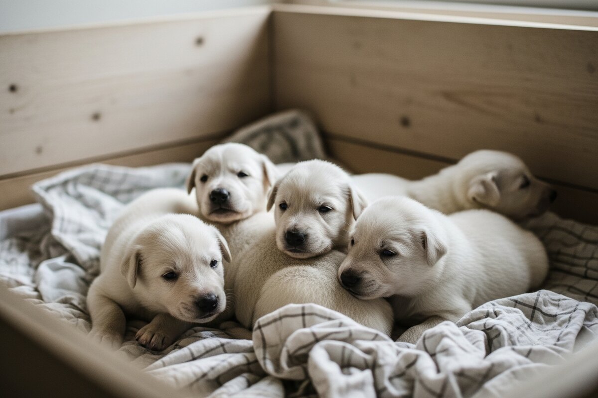 Chiots berger blanc suisse de la portée 2024 dans la caisse de mise bas en bois